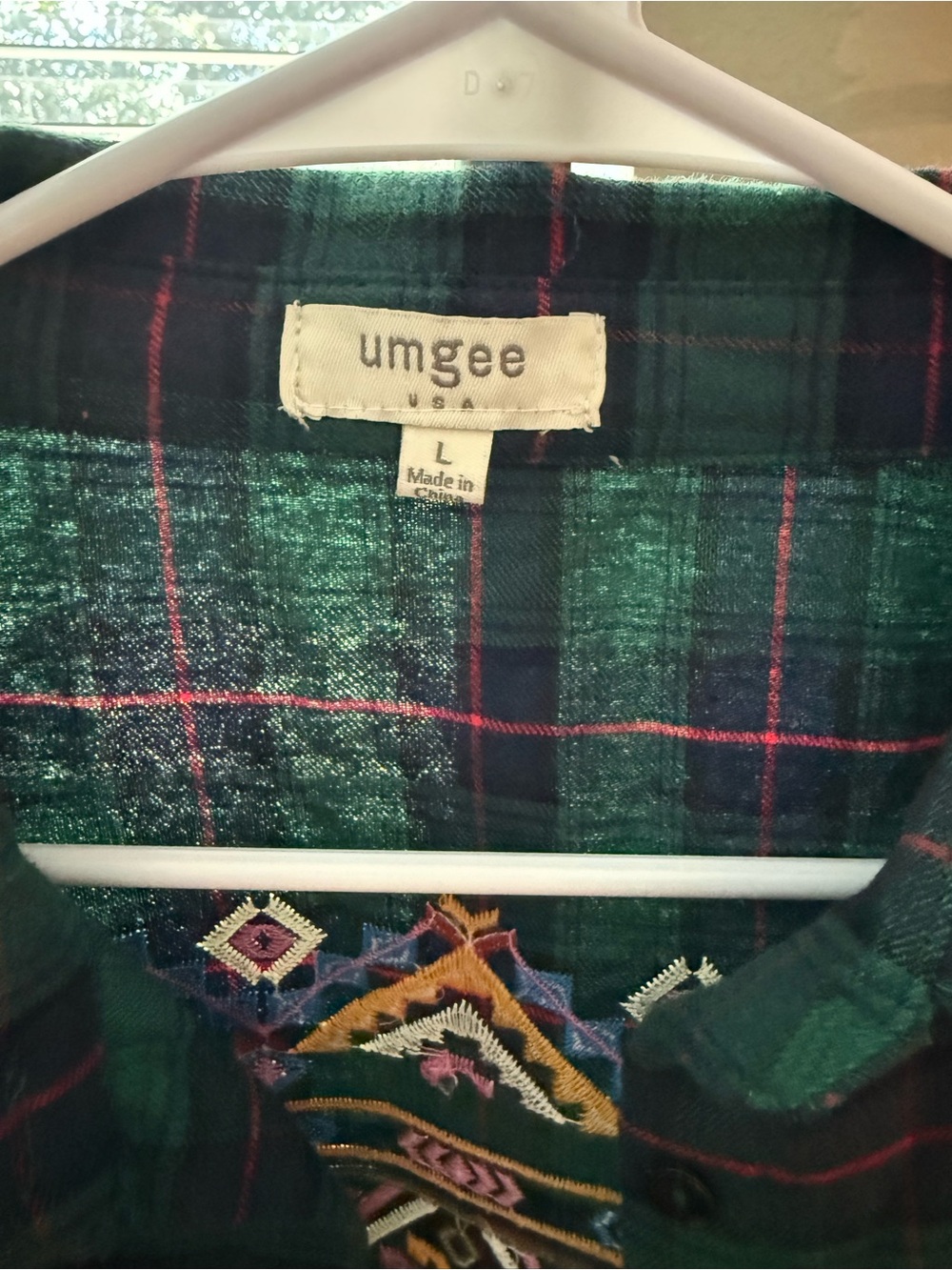 UMGEE Green Plaid Flannel Button Down Shirt Boho Embroidered Back Large L - Picture 4 of 9